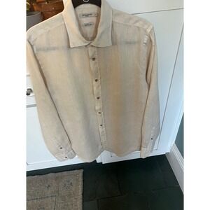 GORUSH $298 100% Linen Button Down Shirt Beige Made in Italy s